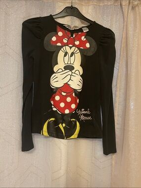 H&M Black Long Sleeve Minnie Mouse Tee with Red Bow and Yellow Shoes
